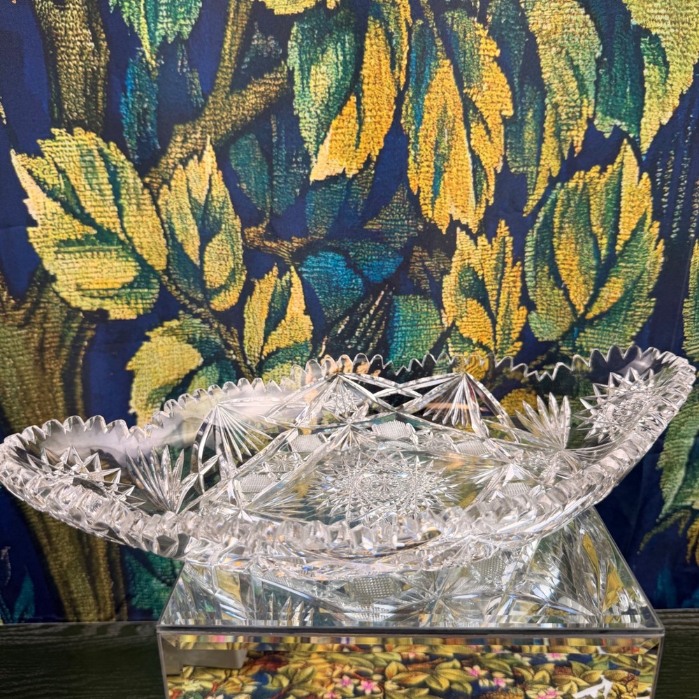 Antique American Brilliant Period Cut Glass Oval Bowl Hobstar Sawtooth  11.5in